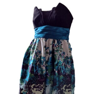 Trixxi Women's Cocktail Dress Floral Blue Teal Velveteen Size Small